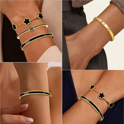MOINSPIRE Gold Bracelets for Women, 18K Gold Plated Tennis Nail Clover love Bangle Bracelets Set Non Tarnish, Stainless Steel Trendy Stackable Bracelet Fashion Jewelry Accessories Gifts for Christmas - color: C1-Black