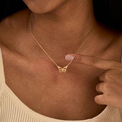 HANLI 14K Gold Plated Necklaces for Women - Dainty Butterfly, Star of David, Moon and Star, Sun, Lotus, Infinity, Hummingbird, Bee,Boots,Chill,Sunflower Pendant Designs - Elegant Jewelry for Women - color: Butterfly-B