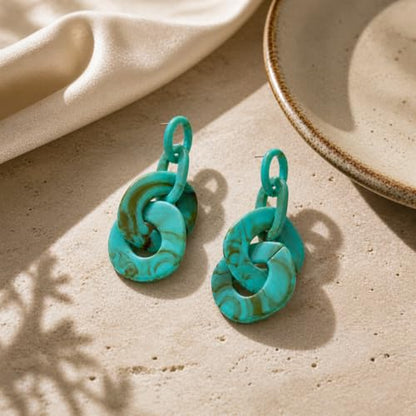 Turquoise Blue Acrylic Dangle Earrings for Women, Geometric Chunky Drop Earrings, Lightweight Statement Link Earrings, Modern Resin Fashion Jewelry