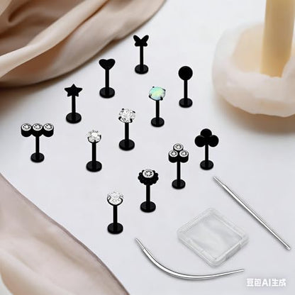 15Pcs 20G/18G/16G Flat Back Push in Stud Earrings 316L Surgical Stainless Threadless nose rings Medusa Piercing Jewelry Hypoallergenic Labret Studs Lip Rings ring for Women Men Be Equipped With Ball Grabber Tool - color: Black, size: 20G(0.8MM)