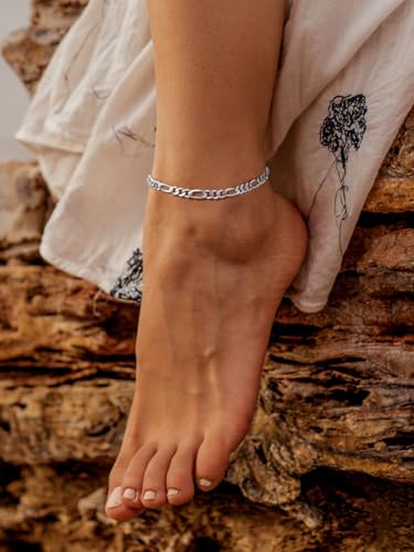 ChainsPro Resizable Anklet Chain for Women Men, Figaro/Wheat/Twist Rope/Cuban Foot Bracelet-Strong with Good Clasp-18K Gold Plated(Send Gift Box) - color: 05:Silver Figaro-3mm