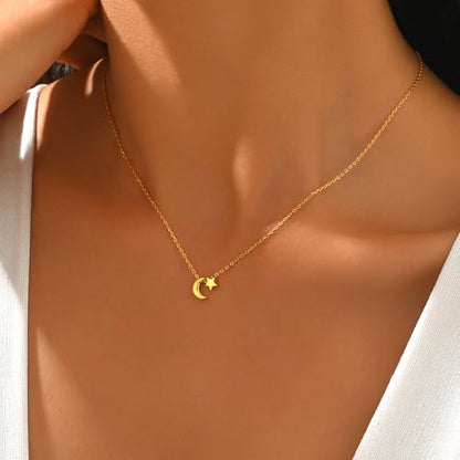 925 Sterling Silver Dainty Moon Star Necklace For Womem | 14k Gold Plated Charm Crescent Moon and Star Pendant Choker Necklaces to Daughter Mother Jewelry Gift for Birthday Wedding - color: Gold