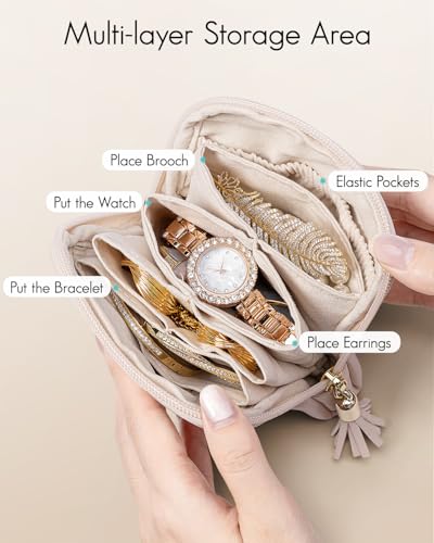 VLANDO Small Travel Jewelry Case,Velvet Pouch Bags with Zipper,Apricot Pink | Travel Essentials,PU Leather Organizer with 5 Divided Sections,Carry-On Totes,Gift for Birthday,Bride,Bridesmaid,Women,Girls - color: A.Apricot Pink