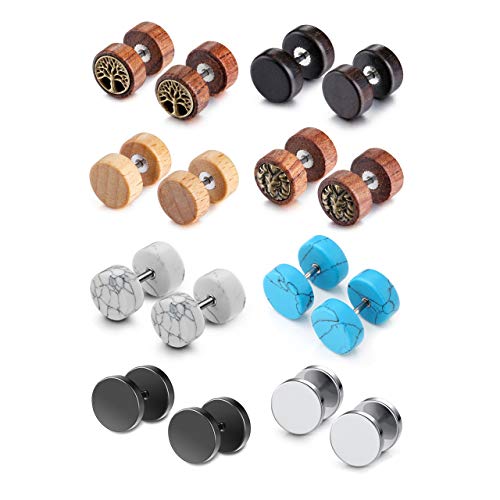 JOVIVI 8 Pairs 18G/16G Wood Faux Gauges Earrings For Men Women Punk Stainless Steel Turquoise Barbell Stud Earrings Fake Flesh Ear Tunnels Expander Plugs 00G Gauge Look
