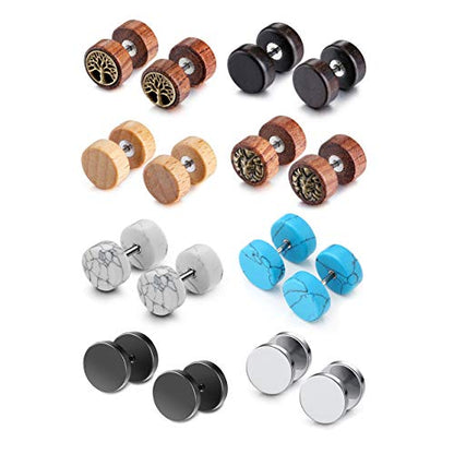 JOVIVI 8 Pairs 18G/16G Wood Faux Gauges Earrings For Men Women Punk Stainless Steel Turquoise Barbell Stud Earrings Fake Flesh Ear Tunnels Expander Plugs 00G Gauge Look