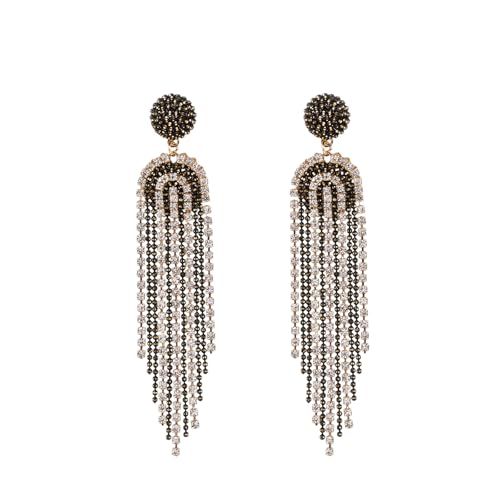 Fringe Dangling Tassel Earrings for Women, Handcrafted Chandelier Long Bohemian Beaded Cubic Zirconia Crystal Imitation Pearls Inlay Statement Boho Chain Hook Earrings for Wedding Party - color: White Black Fringe