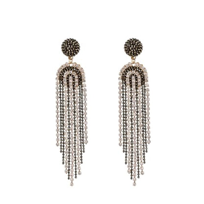 Fringe Dangling Tassel Earrings for Women, Handcrafted Chandelier Long Bohemian Beaded Cubic Zirconia Crystal Imitation Pearls Inlay Statement Boho Chain Hook Earrings for Wedding Party - color: White Black Fringe