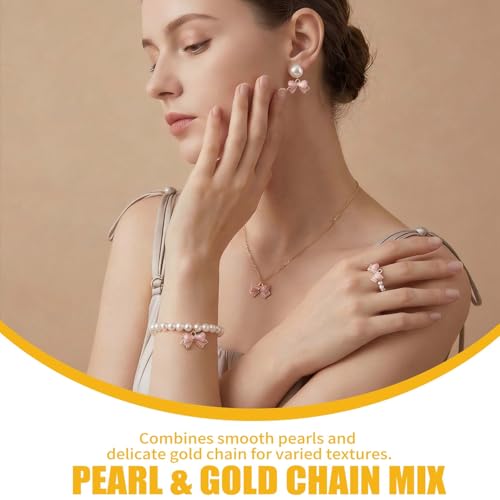 4PCS Pink Pearls Necklace Earrings Bracelet Ring Set Elegant Bow Adorned Jewelry Set for Women Valentine's Day & Special Occasions