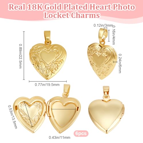 Beebeecraft 1 Box 6Pcs Heart Locket Charms Real 18K Gold Plated Brass Openable Photo Frame Picture Charms for DIY Necklace Jewelry Making