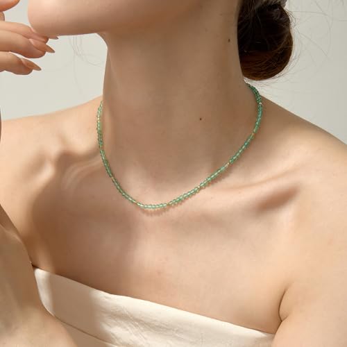 ARSIS Genuine Beaded Gemstone Necklace for Women, Colorful Natural Stone Handmade Bead Choker, Personalized Birthstone Necklace, Boho Summer Beach Necklace Layering Stackable Jewelry Gift - color: Emerald (May)