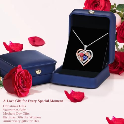 Iefil Heart Birthstone Necklace for Women - Double Birthstone Jewelry | 925 Sterling Silver, Gift Box Packaging, Anniversary Birthday Gifts for Women Wife Mom - color: 04-09-Apr-Sept Birthstone