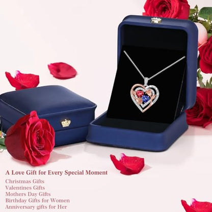 Iefil Heart Birthstone Necklace for Women - Double Birthstone Jewelry | 925 Sterling Silver, Gift Box Packaging, Anniversary Birthday Gifts for Women Wife Mom - color: 04-09-Apr-Sept Birthstone