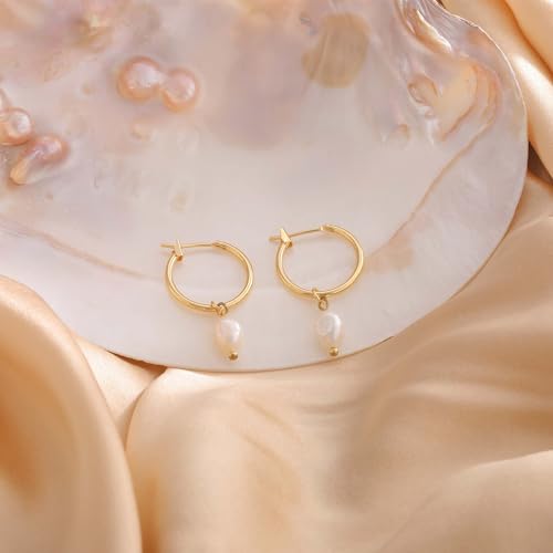 Robaice Pearl Earrings for Women, 14K Gold Plated Dangle Drop Earrings | Small Pearl Drop Huggie Hoop Earrings, Hypoallergenic Dainty Gold Earrings, Wedding Jewelry Gifts for Women Trendy - style: glossy pearl earrings
