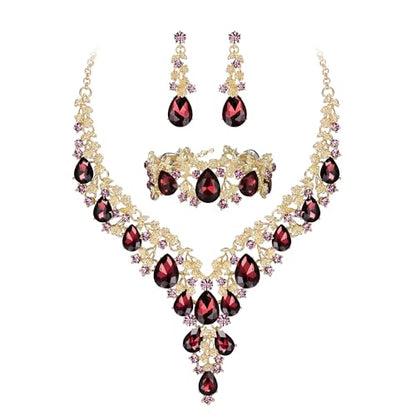 BriLove Women's Wedding Bridal Austrian Crystal Teardrop Flower Cluster Statement Necklace Dangle Earrings Jewelry Set for Party Prom - color: 3Pcs-Deep Amethyst Color Gold-Tone