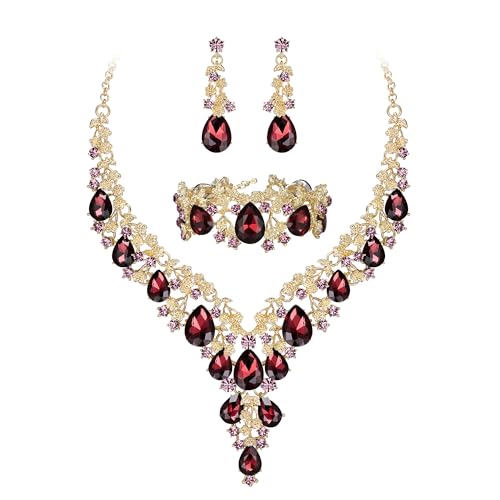 BriLove Women's Wedding Bridal Austrian Crystal Teardrop Flower Cluster Statement Necklace Dangle Earrings Jewelry Set for Party Prom - color: 3Pcs-Deep Amethyst Color Gold-Tone