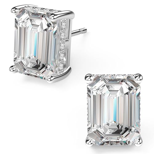 18K White Gold Plated Sterling Silver Emerald Cut Cubic Zirconia Stud Earrings Clear CZ Diamond Stud Earrings for Women Men Hypoallergenic - color: White Gold, size: 6MM*8MM