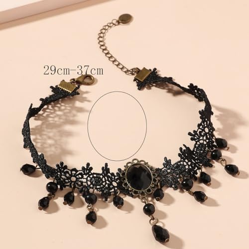 Gothic Lace Choker Vampire Necklace for Women,Black Lace Red Crystal Pendant Necklaces for Halloween,Goth Black Necklace Jewelry Witch Costume Vampire Accessories - style: Style Black