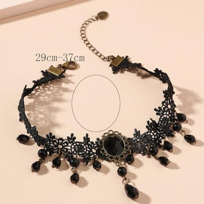 Gothic Lace Choker Vampire Necklace for Women,Black Lace Red Crystal Pendant Necklaces for Halloween,Goth Black Necklace Jewelry Witch Costume Vampire Accessories - style: Style Black