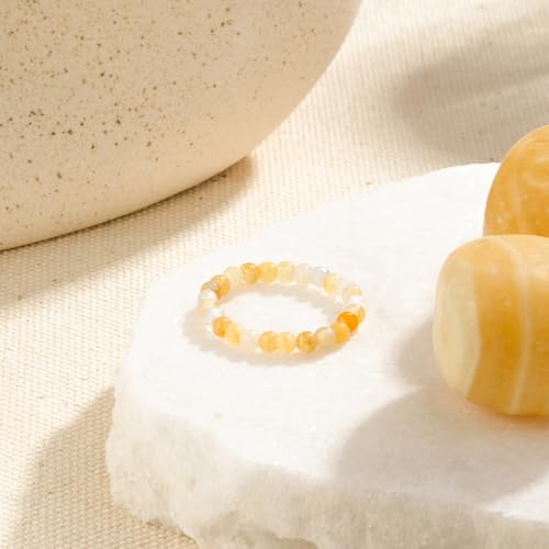 NLIEO Handmade Natural Gemstone Crystal Beaded Stretch Band Ring for Women | Handmade, 3mm Natural Stone, Size 7-12, Stretchy, Beaded Jewelry, Green Bead Rings, Trendy Jewelry Gift - style: Topaz