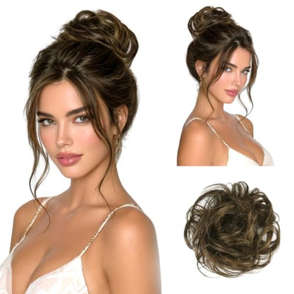RUWISS 100% Human Hair Bun Small Messy Bun Hair Piece for Women Layered Wavy Hair Buns Updo Hairpiece for Daily Wear Scrunchies Ponytail Extension (Brown Mixed) - color: Brown Mixed