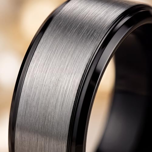 Tungsten Wedding Band Ring Black 10mm Men Women Comfort Fit 18k Rose Gold Step Edge Brushed Polished - color: Black Grey Tungsten