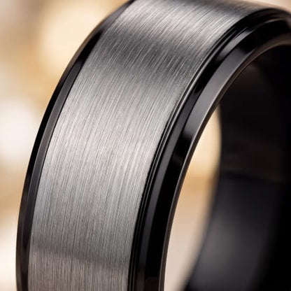 Tungsten Wedding Band Ring Black 10mm Men Women Comfort Fit 18k Rose Gold Step Edge Brushed Polished - color: Black Grey Tungsten