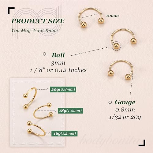 G23 Titanium 14/16/18/20G Septum Rings Horseshoe Nose Ring Jewelry | 2/3Pcs Circular Barbell Spike Lip Body Piercing Jewelry Conch Helix Tragus Earring Silver/Black 8/10/12mm 14K Gold Plated - color: Gold-3pcs, size: Balls-3pcs-20g-10mm