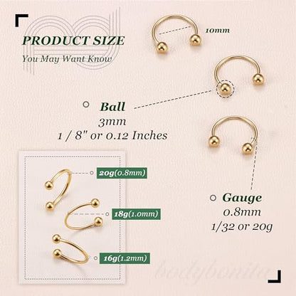 G23 Titanium 14/16/18/20G Septum Rings Horseshoe Nose Ring Jewelry | 2/3Pcs Circular Barbell Spike Lip Body Piercing Jewelry Conch Helix Tragus Earring Silver/Black 8/10/12mm 14K Gold Plated - color: Gold-3pcs, size: Balls-3pcs-20g-10mm