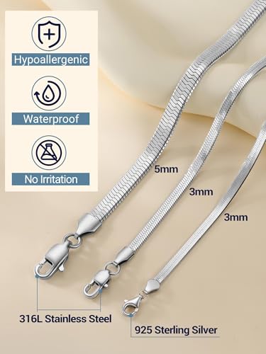 PROSTEEL 3mm/5mm Herringbone Choker Necklace for Women, 12.5"/15"/18", Stainless Steel/Sterling Silver Flat Snake Chain in Silver/Yellow Gold/Rose Gold/Black, Come with Box - color: 3mm-925 Sterling Silver, size: 15 Inch