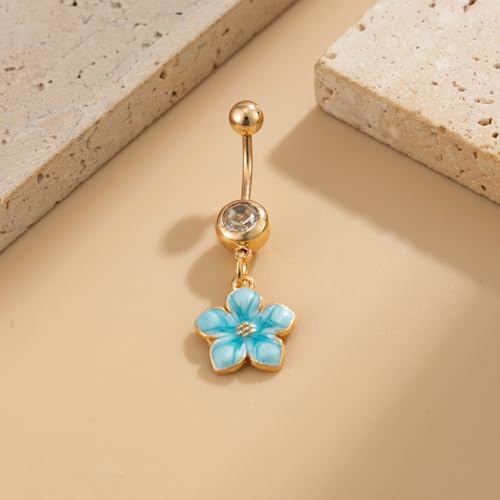 Flower Belly Button Ring for Women 14K Gold Plated Cubic Zirconia Navel Piercing Jewelry Stainless Steel CZ Crystal Charm Belly Ring Hypoallergenic Belly Bar for Women - color: Bue