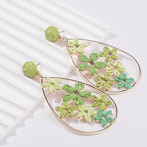 Boho Raffia Flower Teardrop Earrings Cute Colorful Dangle Trendy Jewelry | Floral Drop Statement Big Dangling Earring Hypoallergenic Gold Fun Unique Summer Spring Beach Vacation Outfits for Women - color: Purple