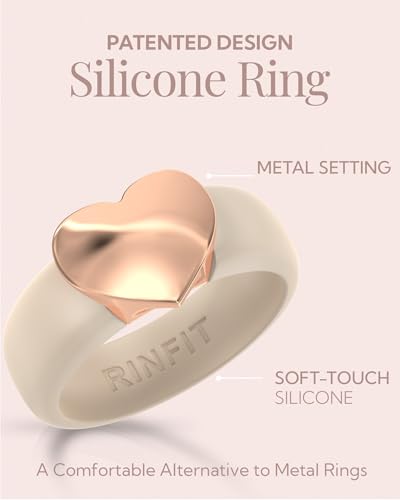 Rinfit Womens Silicone Wedding Ring with Stainless Steel Heart - Rubber Bands - Patented Design - color: PACK A: Nude / Metal Heart - Rose Gold, size: Size 9