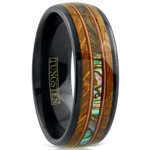 Gorgeous Unique 6mm/8mm Black Tungsten Carbide Band Ring with Dazzling Abalone Between Two Genuine Guitar Strings And Whiskey Barrel Oak Wood.
