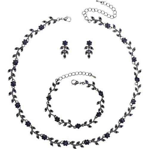 Austrian Crystal Rhinestone Choker Necklace Dangle Earring Link Bracelet Jewelry Set for Brides Bridesmaid Prom Costume Accessories for Women - color: Blue-Gunmetal