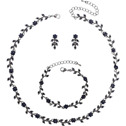 Austrian Crystal Rhinestone Choker Necklace Dangle Earring Link Bracelet Jewelry Set for Brides Bridesmaid Prom Costume Accessories for Women - color: Blue-Gunmetal