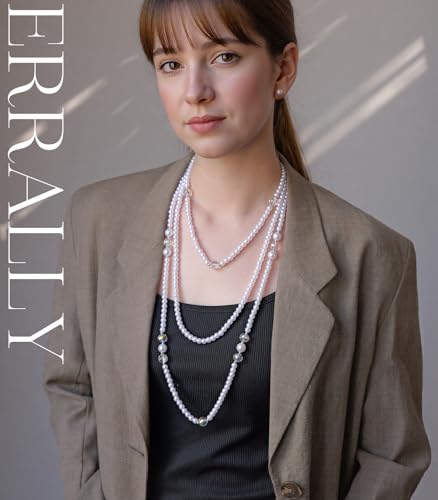 Errally Long Pearl Necklace and Earring Set Layered Pearl Beaded Necklaces for Women White Costume Jewelry Sets Gifts for Mom - color: 3-Layer