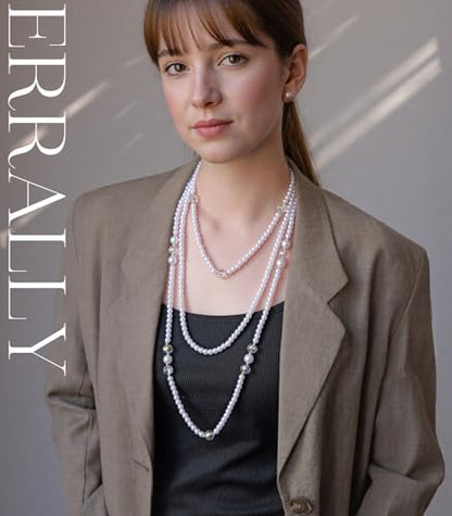 Errally Long Pearl Necklace and Earring Set Layered Pearl Beaded Necklaces for Women White Costume Jewelry Sets Gifts for Mom - color: 3-Layer