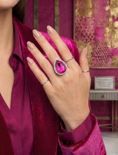 NYFASHION101 Radiant Teardrop Stone Adjustable Cocktail Statement Ring - color: Clear Encircled Teardrop, Fuchsia