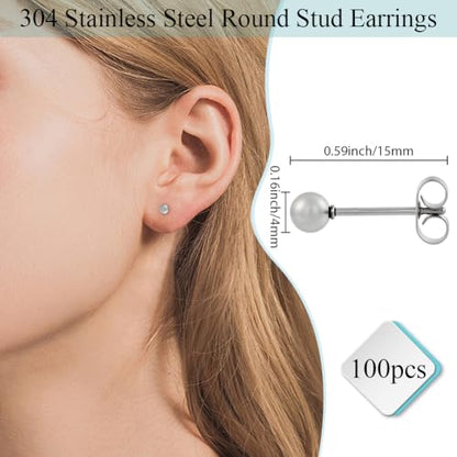 Beebeecraft 100pcs Ball Stud Earrings 304 Stainless Steel Tiny Ball Stud Earrings with Butterfly Ear Backs for Women Men - size: 4mm