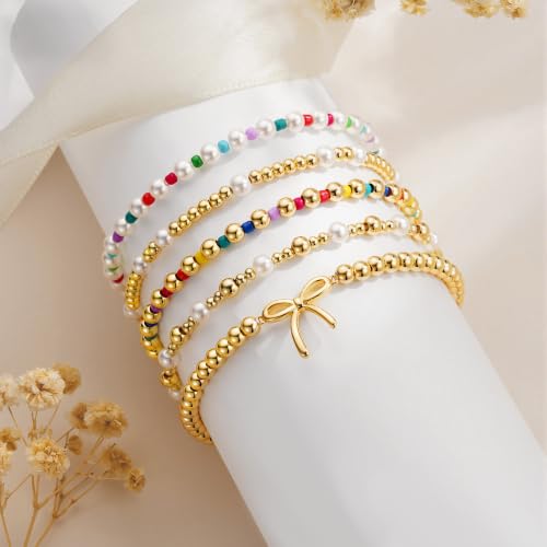 Turandoss 5PCS 14K Gold Plated Beaded Stretch Bracelets Set for Women | Stacked Bow Cross Wave Knot Pearl Beads Bracelet Set, Waterproof 7 Inch Stretch Elastic, Summer Jewelry Gifts for Women Girls - color: 5PCS Bow Beaded Bracelets