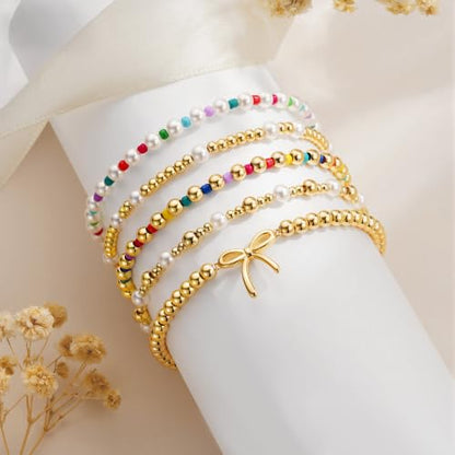 Turandoss 5PCS 14K Gold Plated Beaded Stretch Bracelets Set for Women | Stacked Bow Cross Wave Knot Pearl Beads Bracelet Set, Waterproof 7 Inch Stretch Elastic, Summer Jewelry Gifts for Women Girls - color: 5PCS Bow Beaded Bracelets