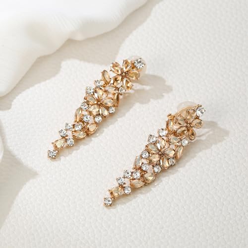EleQueen Women's Sparkle Statement Clip-On Chandelier Earrings | Marquise Crystals Earrings for Women, Art Deco Prom Jewelry for Wedding Bride Bridesmaid - color: Brown Gold-Tone