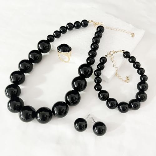White Faux Pearl Necklace and Earrings Set Big Large Pearl Bead Ball Beaded Choker Necklace Black Pink Pearls Statement Bracelet Ring for Women - color: black