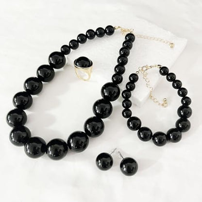 White Faux Pearl Necklace and Earrings Set Big Large Pearl Bead Ball Beaded Choker Necklace Black Pink Pearls Statement Bracelet Ring for Women - color: black