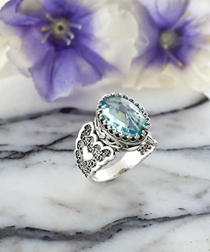 Filigranist 925 Sterling Silver Handcrafted Filigre Art Double Heart Detailed Women Cocktail Ring with Gemstones - color: Sky Blue Topaz
