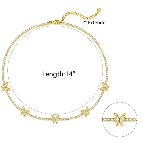 Luxval Tennis Necklace 14K Gold Plated Rhinestone Butterfly Choker Necklaces for women Dainty Zirconia Cut Faux Diamond chain 3mm - color: Gold-butterfly