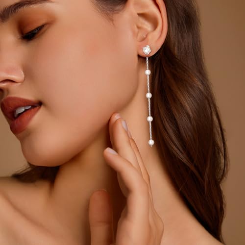Pearl Earrings for Women 14k Gold/Silver Pearl Drop Earrings Long White Pearl Tassel Dangle Statement Earrings Bridal Wedding Dainty Prom Earrings Birthday Gifts Jewelry - color: Silver Caged Pearl Drop Earrings