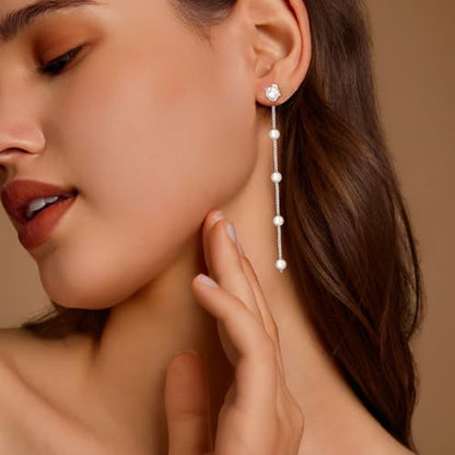 Pearl Earrings for Women 14k Gold/Silver Pearl Drop Earrings Long White Pearl Tassel Dangle Statement Earrings Bridal Wedding Dainty Prom Earrings Birthday Gifts Jewelry - color: Silver Caged Pearl Drop Earrings