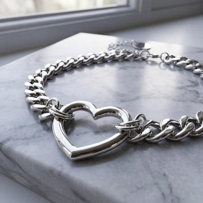Stainless Steel O Ring Choker Necklace for Women Men Chunky Cuban Chain Collar Punk Statement Jewelry Gift for Edgy Streetwear & Aesthetic Outfits - color: Silver 1 heart