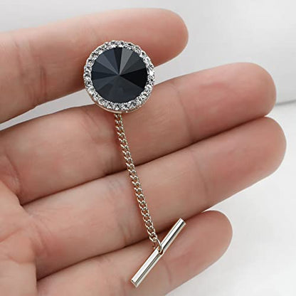 Men's Classic Round Crystal Men's Tie Tack Gold Color Tie Tack Clutch Back Fashion Necktie Tack Pin with Chain Crystal Lapel Pins Brooch - color: Black&Silver Tie Tack